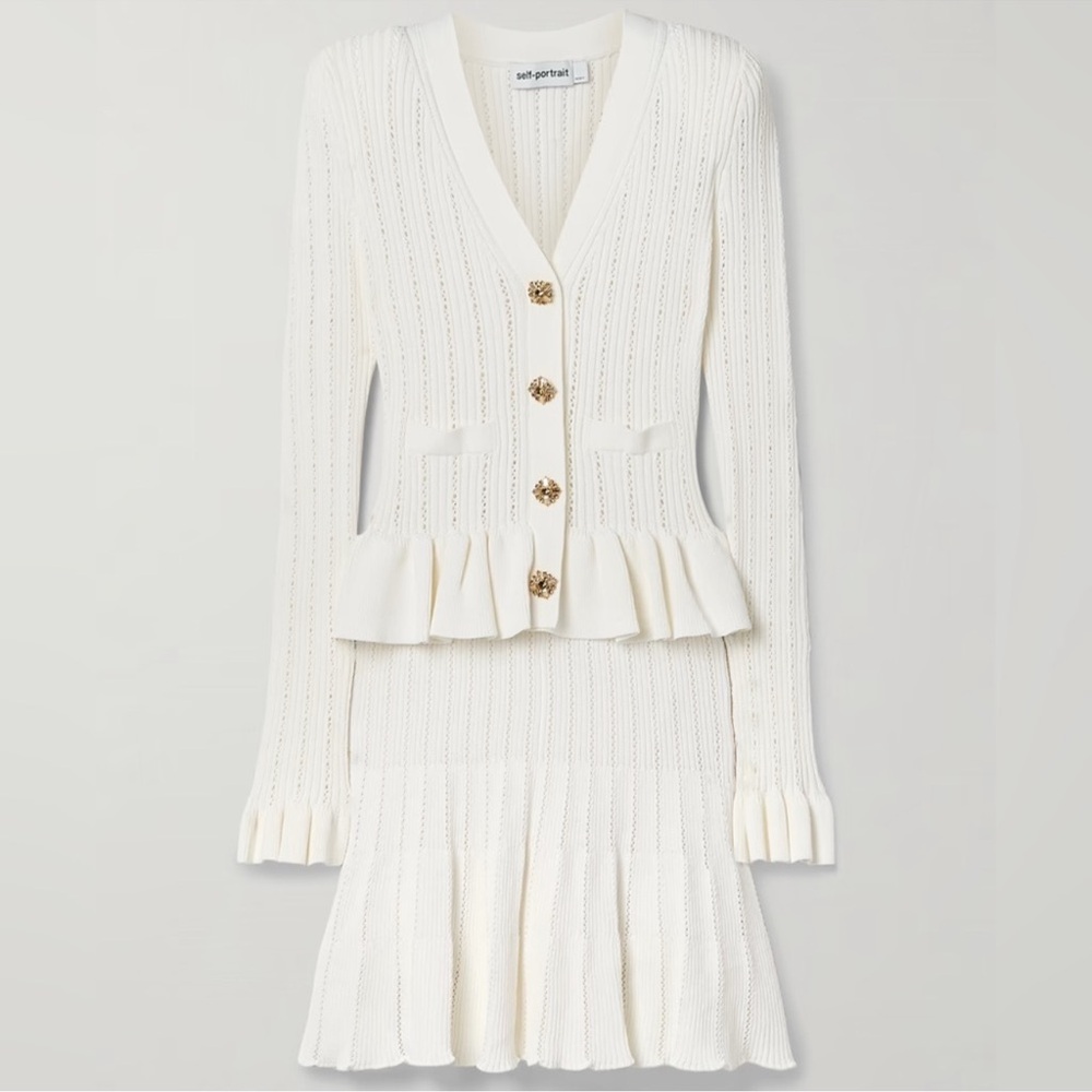 ISO.    ISO.  Self-Portrait Cream Knit Cardigan and Skirt Set